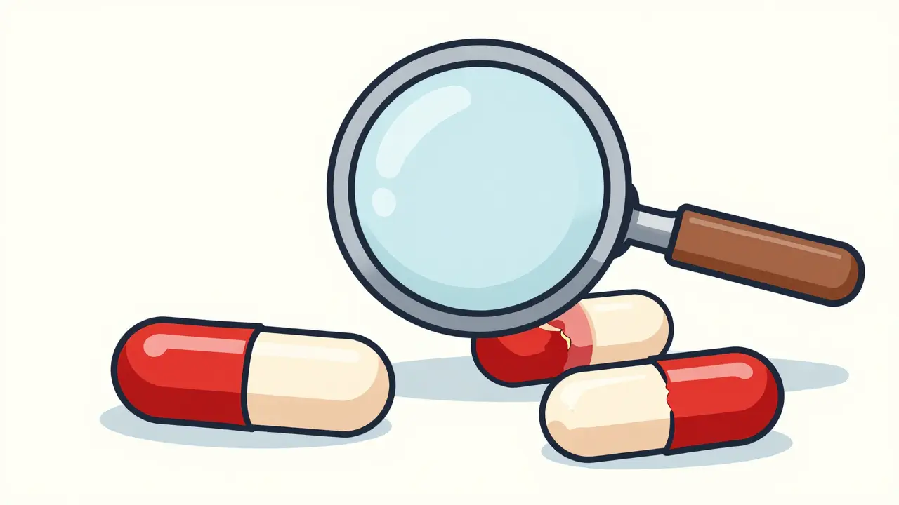 Stylized illustration of defective tablets showing capping and mottling under a magnifying glass.