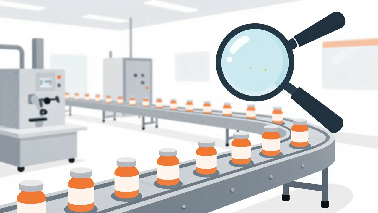 Stylized industrial pharmaceutical line with a magnifying glass highlighting a contaminant.